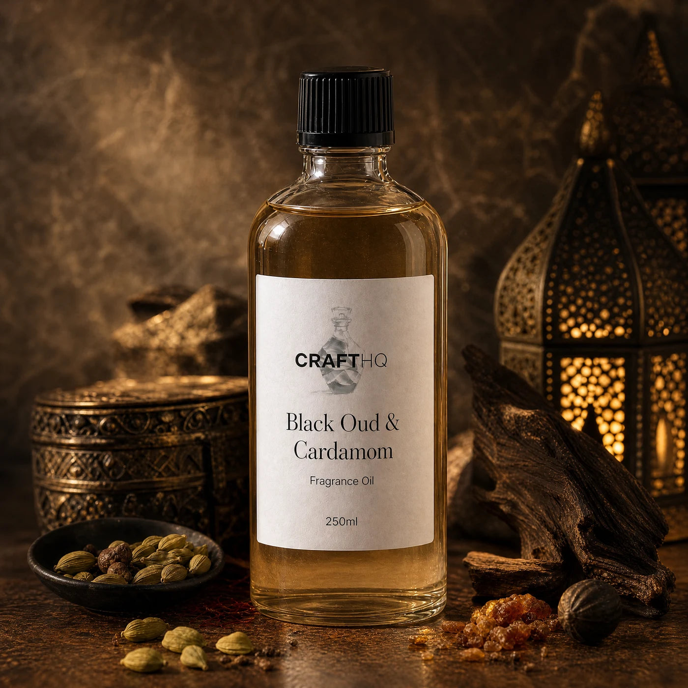 Black Oud & Cardamom fragrance oil 250ml bottle